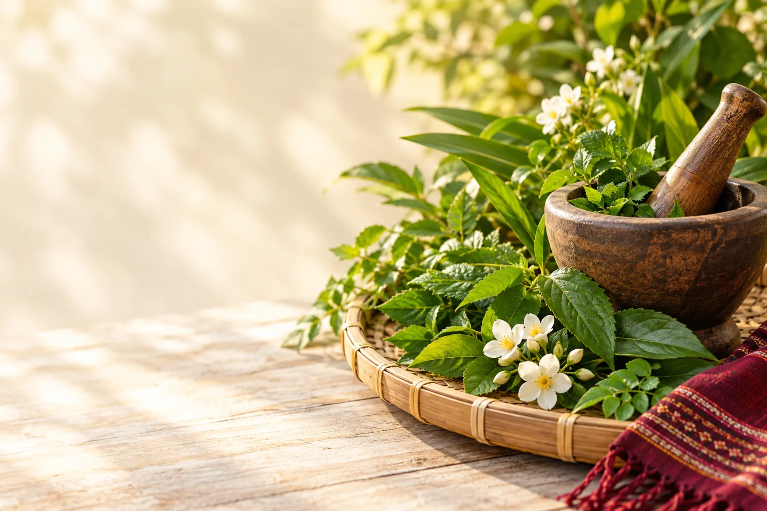 Herbal leaves and white flowers beside a wooden mortar and pestle